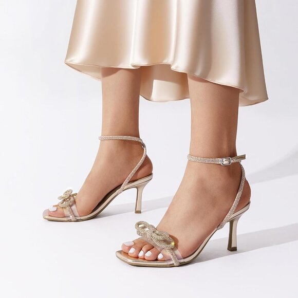 Women's Rhinestone Heeled Sandals Open Toe Ankle Strap Party Heel - Picture 6 of 6